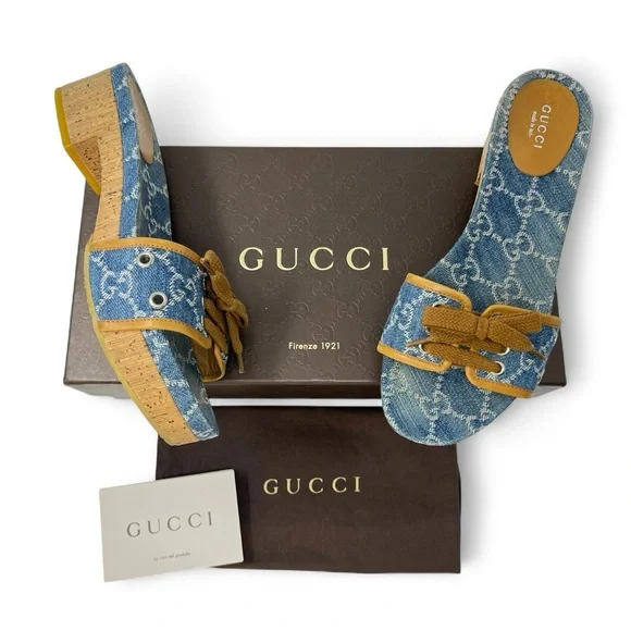 Gucci Vintage 90s Y2K Interlocking GG Logo Sandals Slides Heels Denim Blue 38 8 - Picture 1 of 11